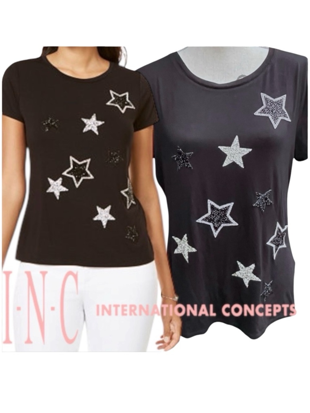 INC International Concepts Black Galactic Star Embellished T-Shirt (M)